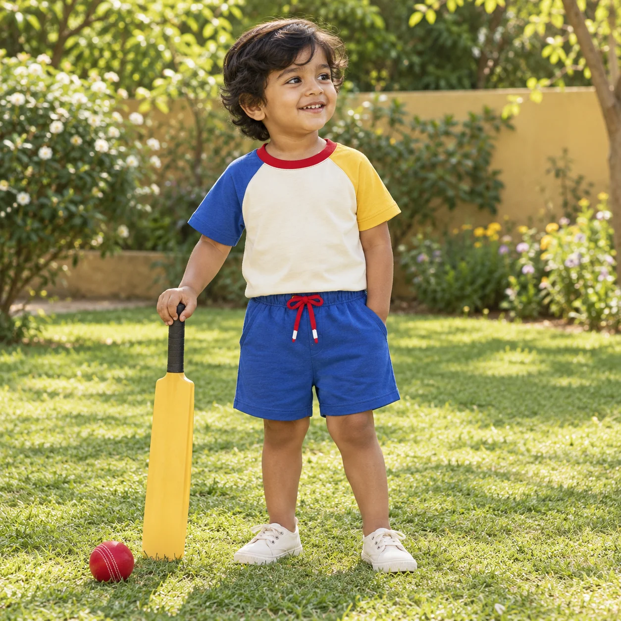 Creative outdoor visualisation of Raglan Play T-shirt + Blue Shorts set